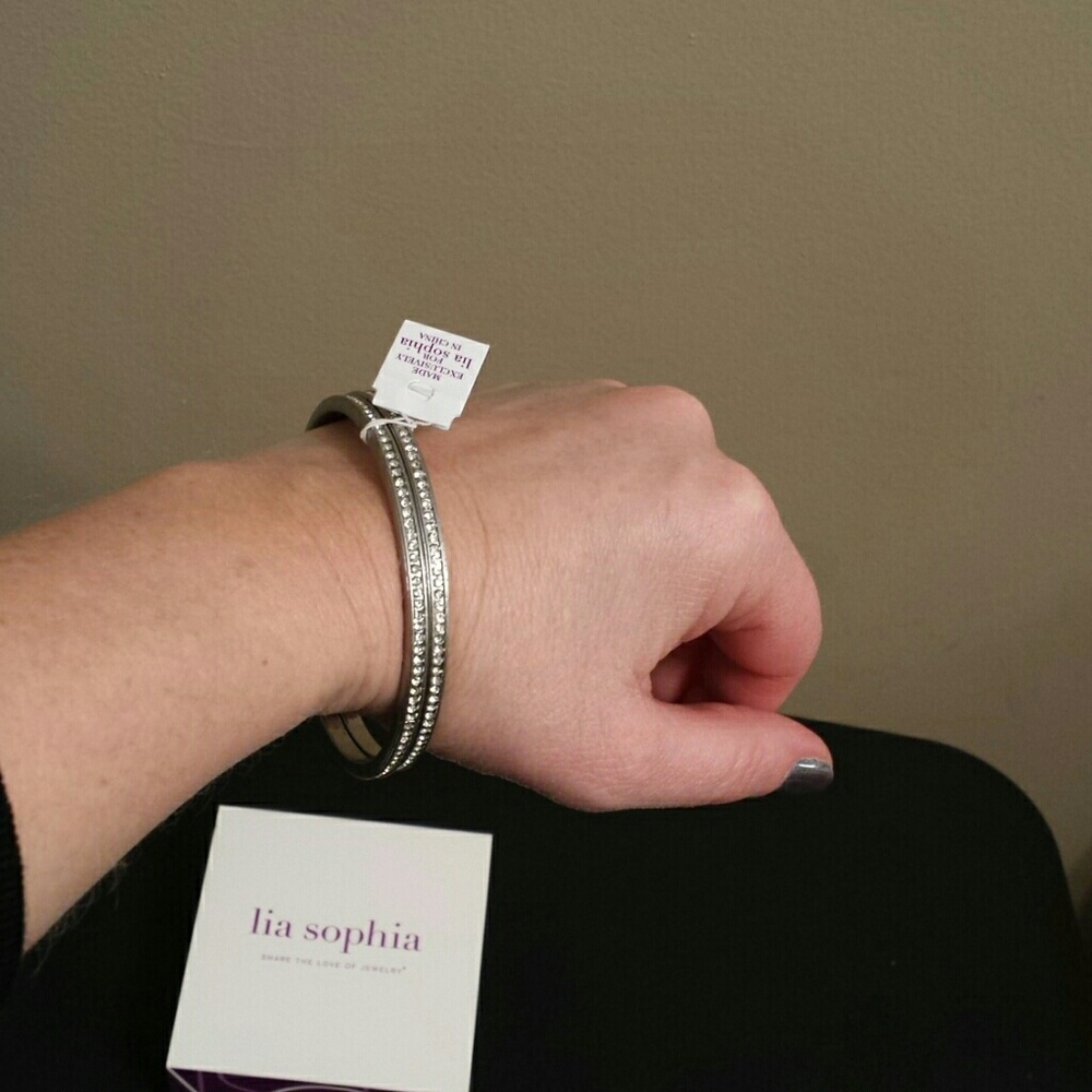Lia Sophia Silver Tone Crystal Stackable Bangle Set - Picture 2 of 2